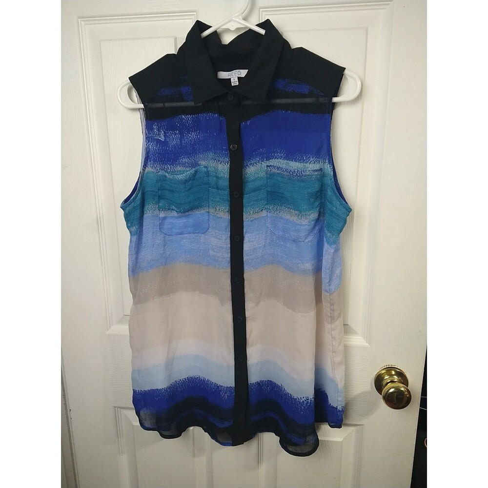 Reed Woman L Tank Blouse Ombre Stripes Sleeveless Semi Sheer Curved Hem Casual